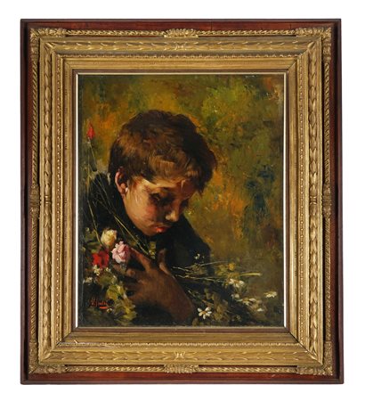 Vincenzo Irolli, Fanciullo con fiori. Olio su tela. cm 52,5x42. Firma in...