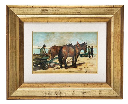 Giovanni Lomi, Carro tirato da cavallo. Olio su tavola. cm 28,5x19. Firma in...