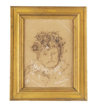 Antonio Mancini, Ritratto di bambina. Carboncino nero e bianco su carta...
