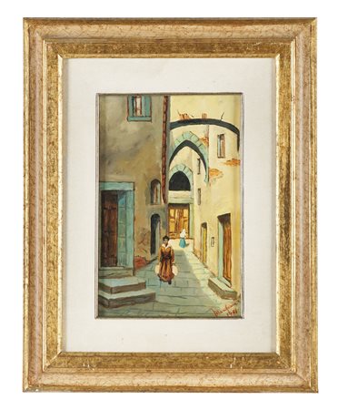 Piero Marchiani, Vicolo di paese. 1981. Olio su tela. cm 27,5x18 (visibile)....