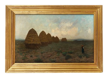 Jean-François Millet [alla maniera di], Paesaggio con pagliai. Olio su tela....