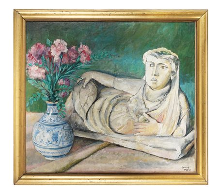 Silvio Pucci, Natura morta con scultura e vaso di fiori. Olio su tela. cm...
