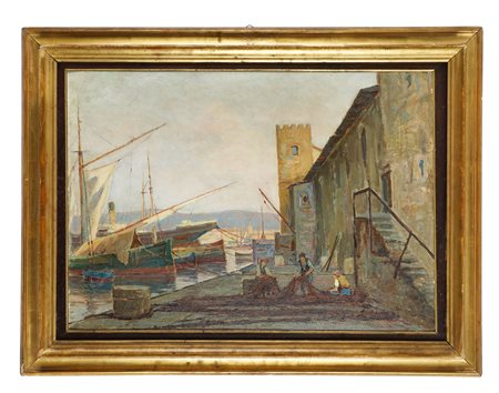 Renuccio Renucci, Scena portuale - Livorno. Olio su cartone. cm 50x70....