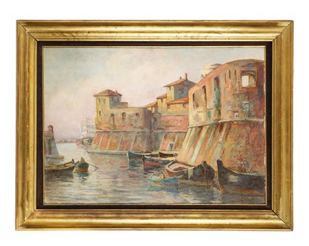 Renuccio Renucci, Scena portuale - Livorno. Olio su cartone. cm 50x70....
