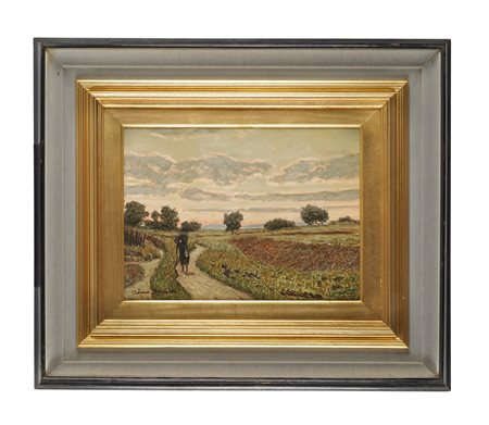 Gino Romiti, Paesaggio con figura. Olio su masonite. cm 30x40. Firma in basso...