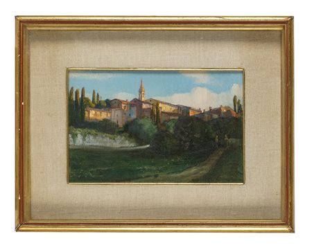 Edgardo Rossaro, Poppi - Toscana. 1912. Olio su cartone. cm 18x27. Firma e...