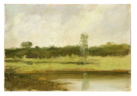 Raffaello Sernesi, Paesaggio. Olio su cartone. cm 25,5x37. Monogramma...