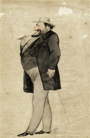 Telemaco Signorini, Caricatura d'uomo borghese. Matita, china e acquerelli su...