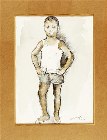 Nino Tirinnanzi, Ragazzo. 1957. Tecnica mista su carta. mm 372x270. Firma e...