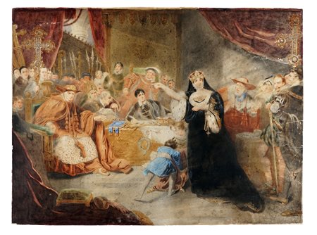William Warman, Scena nobile. Acquerello su carta applicata. mm 580x775....
