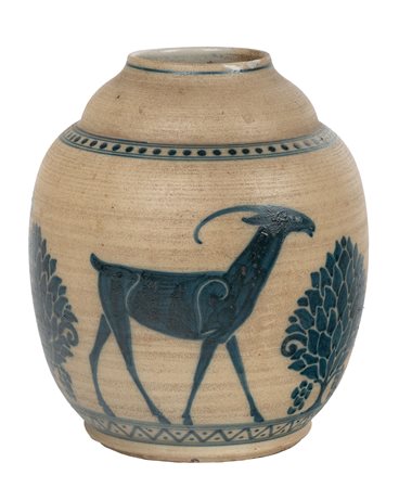 Galileo Chini, Vaso decorato con motivi ad antilopi. 1920 ca. Gres smaltato....