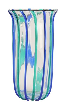 Archimede Seguso, Vaso di Murano con decori verticali blu/acquamarina. 1970...