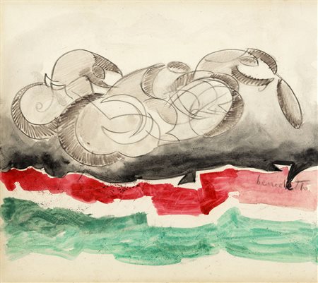 Enzo Benedetto, Motociclisti futuristi. Acquerello, carboncino e matita su...