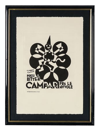 Fortunato Depero [da], Presi il Bitter Campari fra le nuvole. Incisione. mm...