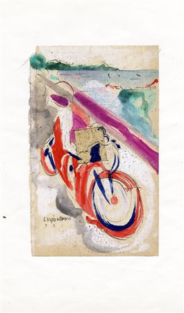 Lucio Venna Landsmann, Motociclista in corsa. 1926. Tecnica mista su carta....