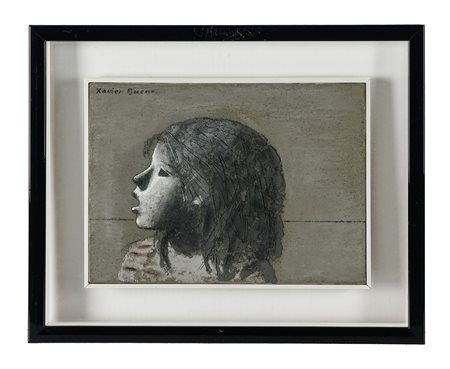 Xavier Bueno, Bambina di profilo. 1974. Tecnica mista su tela. cm 24x33....