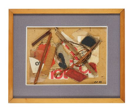 Claudio Cintoli, Composizione. 1963. Collage di materiali vari su faesite. cm...