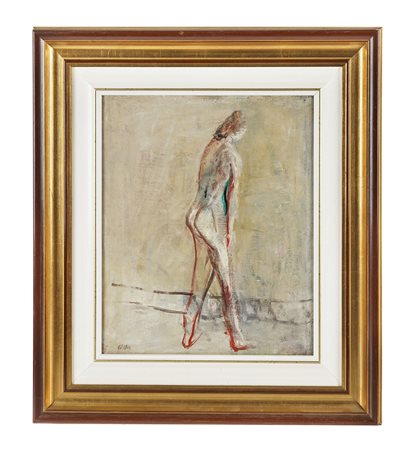 Angelo Del Bon, Figuretta in piedi. 1945. Olio su tela. cm 46x38. Firma in...