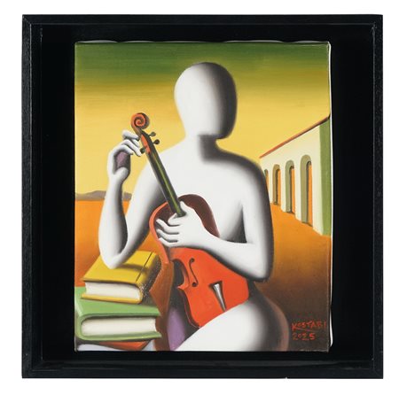Mark Kostabi, Tuning the echoes of time. 2025. Olio su tela. cm 30x25. Firma...