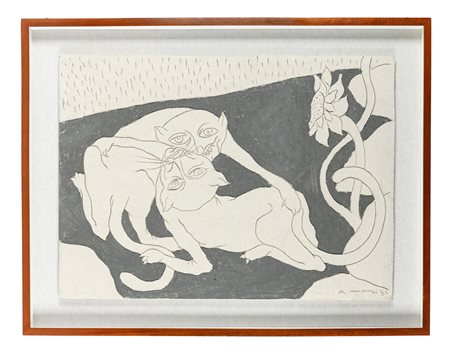 Antonio Manzi, I gatti. 1989. Fresco. cm 60x84. Firma e data incisi in basso...
