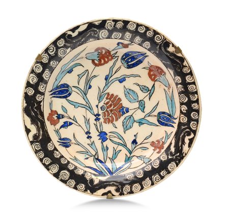 COPPA IN MAIOLICA, IZNIK, XVII SECOLO, decoro poli