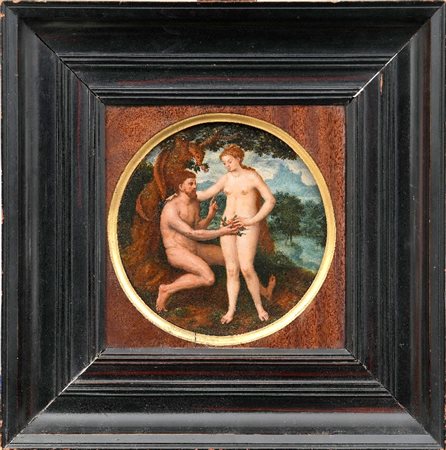 PITTORE DEL XVI SECOLO - Adamo ed Eva, 1534 Olio su tavola circolare, diam