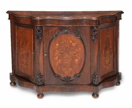 CREDENZA INTARSIATA IN LEGNI VARI, XIX SECOLO, fro