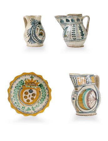 TRE VERSATOI E UNA CIOTOLA IN MAIOLICA, XVII SECOL