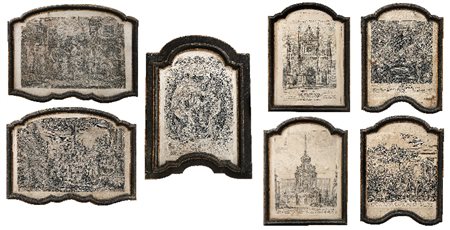 SETTE CORNICI IN LEGNO DIPINTO E DORATO, INIZIO XV