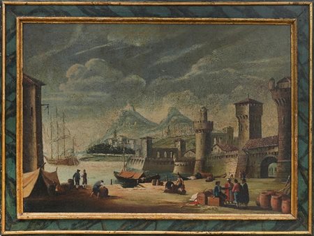 PITTORE DEL XVIII SECOLO - Marina con antica fortezza e velieri