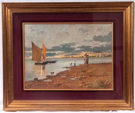 GUGLIELMO CIARDI (1842/43 - 1917) 
Bonaccia in laguna 
Olio su tela 45 x 60 cm