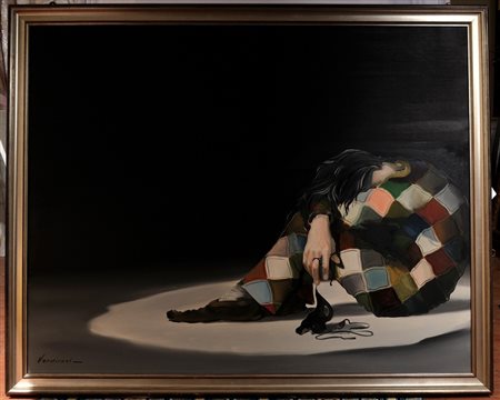 UMBERTO VERDIROSI (1935 - ) 
Arlecchino sotto il faro 
Olio su tela, cm 110 x 140 