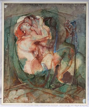 GIORGIO MICHETTI (1912 - 2019) 
Figure romantiche 1974
affresco su legno pressato 61 x 50 cm