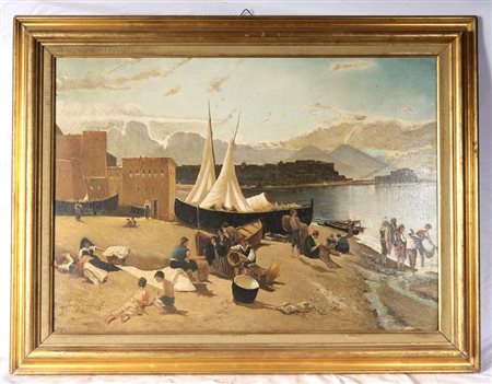  
Scorcio di marina con imbarcazioni e pescatori XX secolo
Olio su cartone, cm. 50x 70 