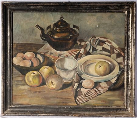  
Natura silente, frutta e vasellame prima metà XX secolo
Olio su tela, cm 50 x 60 