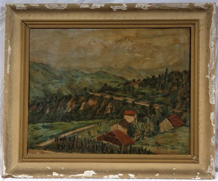 RINO VILLA (1904 - 1994) 
Paesaggio di valle 
Olio su compensato 47 x 59 cm