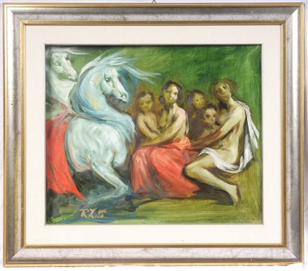 RODOLFO ZITO (1924 - 1995) 
Cavalli e personaggi 1991
Olio su tela, 50 x 60 cm