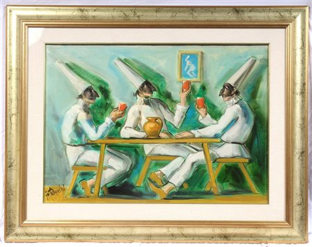 GLAUCO TARQUINI (1922 - 2010) 
Pulcinella a tavola 
Olio su tela, cm 50 x 70 