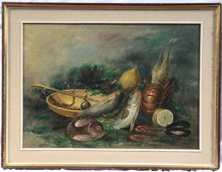  
Natura silente, pesci e bilancia metà XX secolo
Olio su tela, cm 50 x 70 