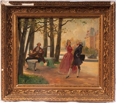  
Scena cortese prima metà XX secolo
Olio su tela 46,5 x 55 cm