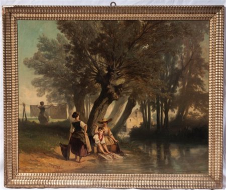  
Pesaggio con lavandaie Scuola francese, fine XIX inizi XX secolo
Olio su tela 82 x 100 cm