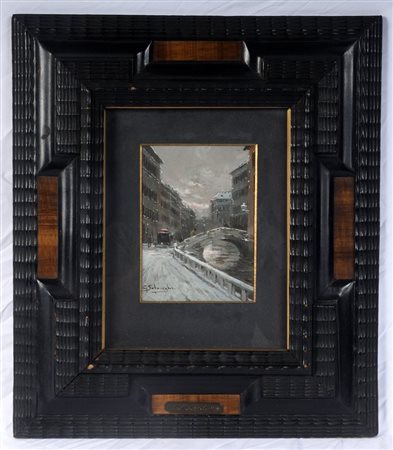 GIUSEPPE SOLENGHI (1879 - 1944) 
Il Naviglio scomparso 
Olio su cartone, cm 16 x 11,5 cm 