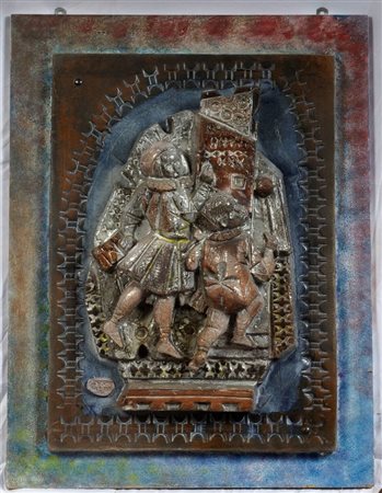 ANGELO BIANCINI (Castel Bolognese, 1911 - 1988) 
Allegoria del lavoro anni '70
 81 x 62 cm totale; 67 x 48 x 13 cm solo la ceramica