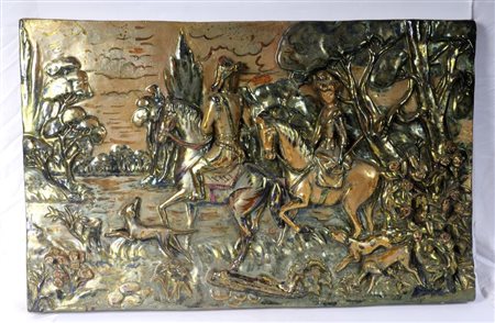 RICCARDO GATTI (Faenza, 1886 - 1972) 
Piastra in ceramica ad alto rilievo con finitura a lustro metallico scena di caccia. 1950/1970
 46 x 72 x 3 cm