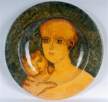 FRANCO GENTILINI (Faenza, 1909 - Roma, 1981) 
Piatto da pompa in ceramica policroma ultimo quarto XX secolo
 diametro 49,5 x 6,5 cm