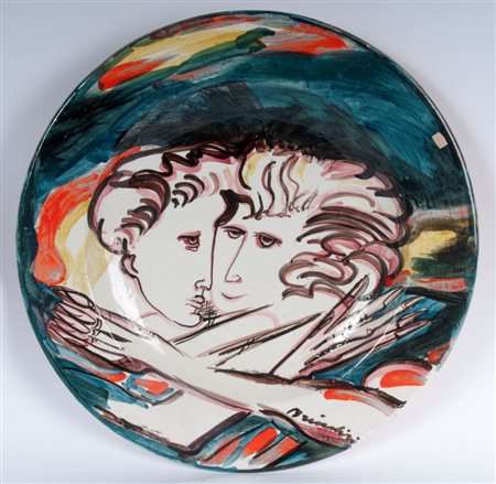 REMO BRINDISI (Roma, 1918 - Lido di Spina, 1996) 
Piatto da pompa in ceramica policroma seconda metà XX secolo
 diametro 49,5 x 7,5 cm