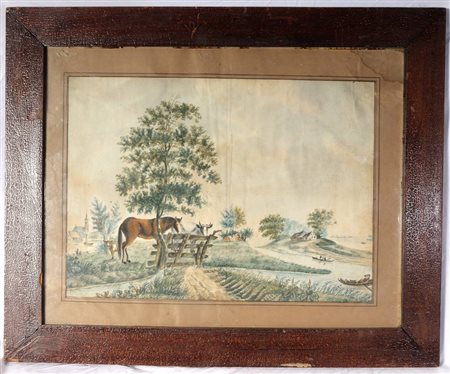  
Veduta di campagna con animali e figure prima metà XX secolo
Acquarello su carta, 33 x 46 cm 