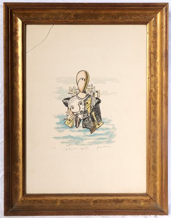 GIORGIO DE CHIRICO (Volo, 1888 - Roma, 1978) 
"Il trovatore vegente ", multiplo su carta 
 54 x 39  cm