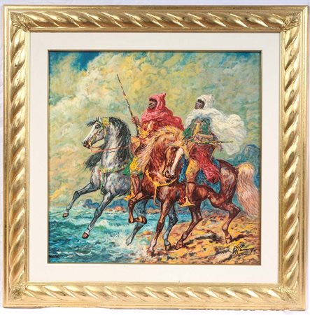 GIOVAN FRANCESCO GONZAGA (1921 - 2007) 
Cavalieri arabi, multiplo su tela 
 60 x 60 cm