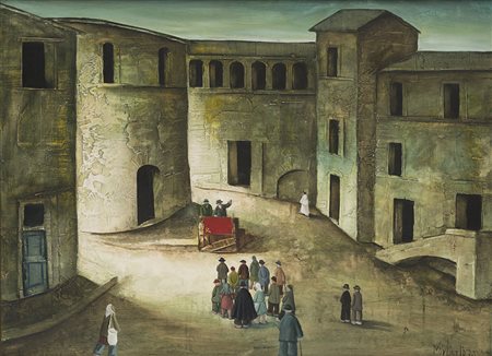 Norberto (Spello 1927 - 2009) - "Il comizio" 1970 olio su tela, cm 45x60...